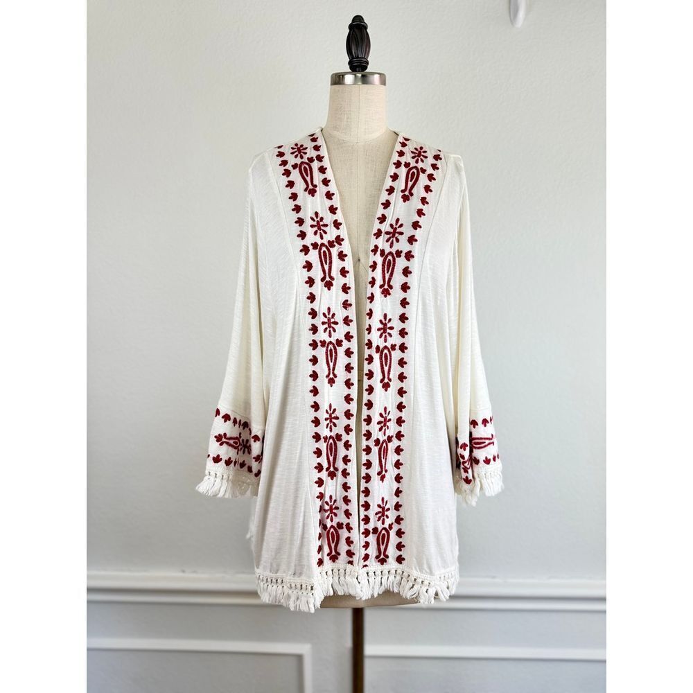 Knox Rose‎ Top XS Boho Floral Embroidered with Tassels Open Front Cardigan Top
